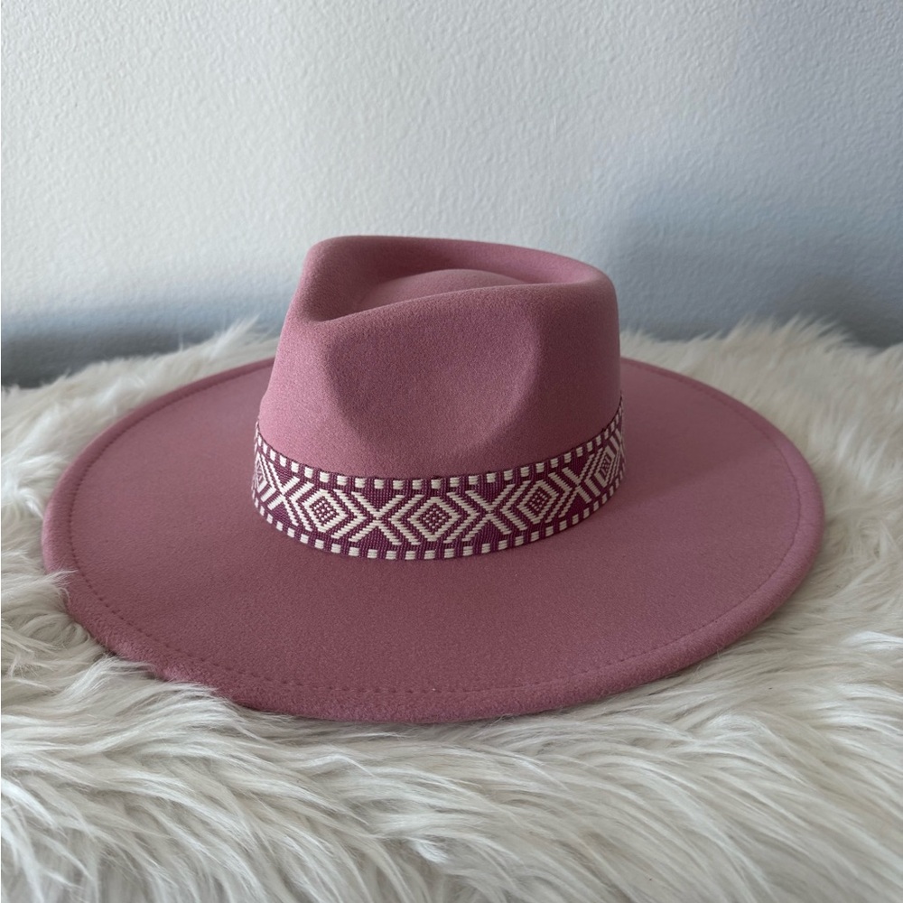 Vici Rose Pink Wide-Brim Fedora with Geometric Band